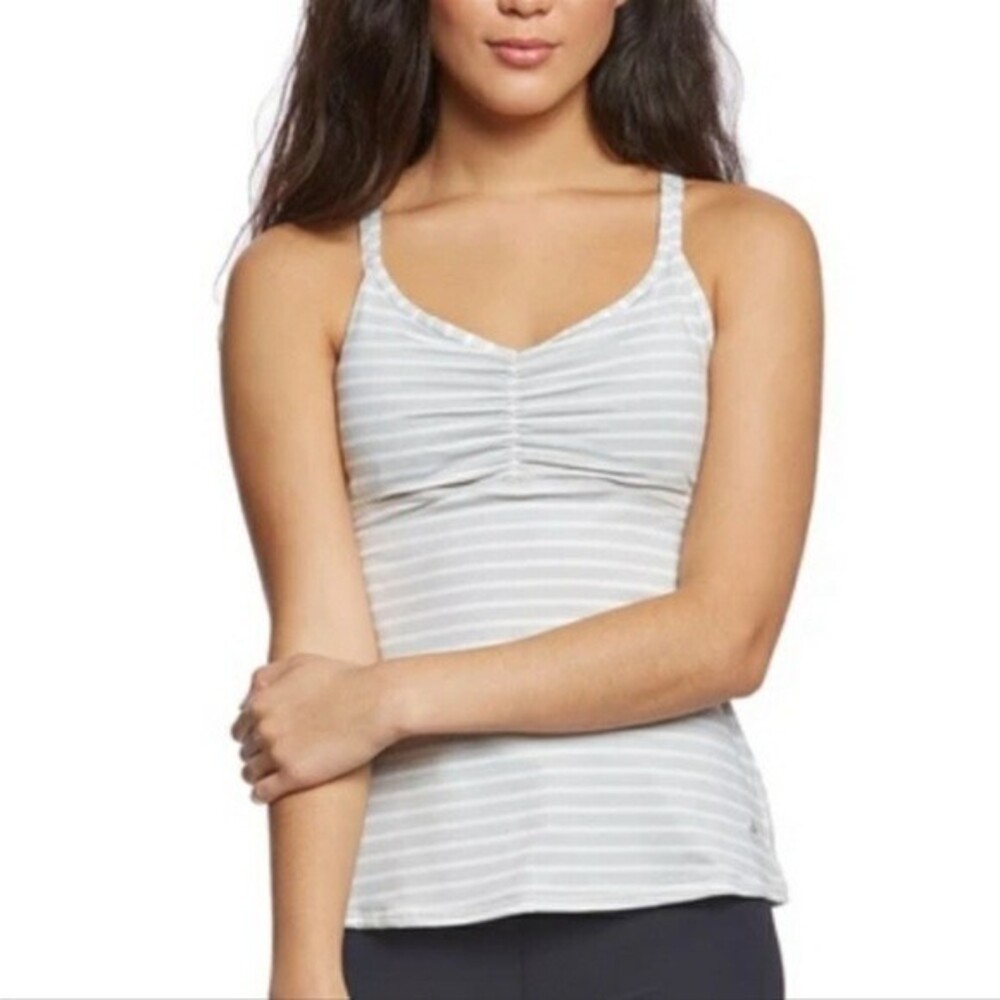 Prana Filament Criss Cross StrappyYoga Tank Gray White Striped Medium